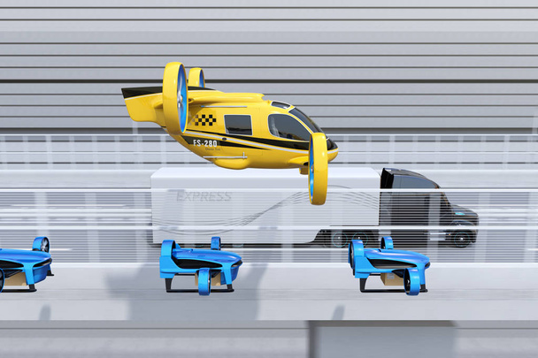 Widok boczny żółty pasażera Drone Taxi, floty dostawy trutnie, latające wraz z samochodów ciężarowych na autostradach. 3D renderowania obrazu. - Zdjęcie, obraz