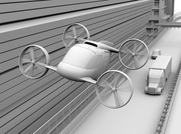 Clay renderowania Taxi Drone pasażer lotu nad amerykańska ciężarówka jazdy na autostradzie. 3D renderowania obrazu. - Zdjęcie, obraz