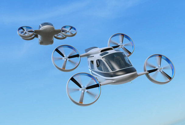 Dos taxis de drones de pasajeros volando en el cielo. Imagen de renderizado 3D
. - Foto, Imagen