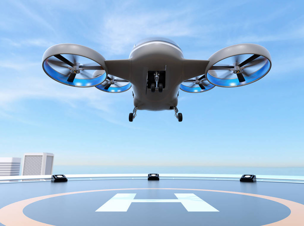 Metálico gris Pasajero Drone Taxi despegue desde el helipuerto en el techo de un rascacielos. Imagen de renderizado 3D
. - Foto, Imagen