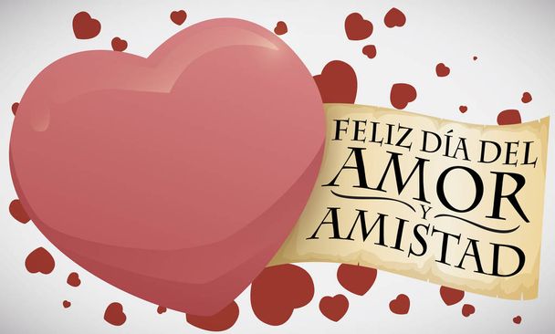 それと「ダイヤ ・ デ ・ アモール y アミスタッド」を祝う挨拶サイン周りに浮かんで小さな心と心 (意味、スペイン語で書かれた: 日の愛と友情). - ベクター画像