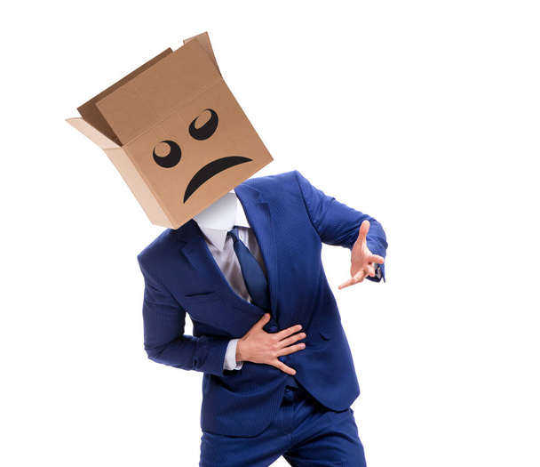 Uomo d'affari con scatola e faccia infelice - Foto, immagini