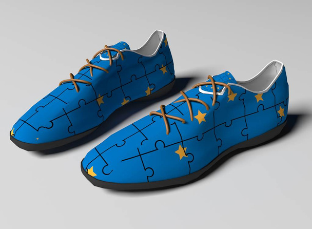 спортивные кроссовки со шнурками. снайперы в цветах флага Евросоюза - Фото, изображение