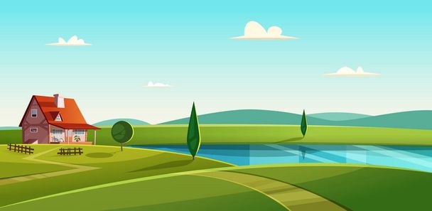 Paysage rural avec chalet sur le lac. Maison de campagne au bord du lac. Illustration vectorielle des terres agricoles
 - Vecteur, image