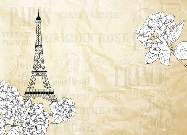 Icono de la torre Eiffel con flores de primavera sobre fondo de papel viejo con signo Tour Eiffel. Tarjeta romántica de boda
. - Vector, imagen