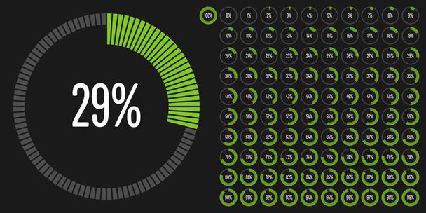 Készlet-ból kör százalékos diagramok 0-tól 100-használatra kész a web design, felhasználó illesztő (Ui), vagy infographic - mutató zöld - Vektor, kép