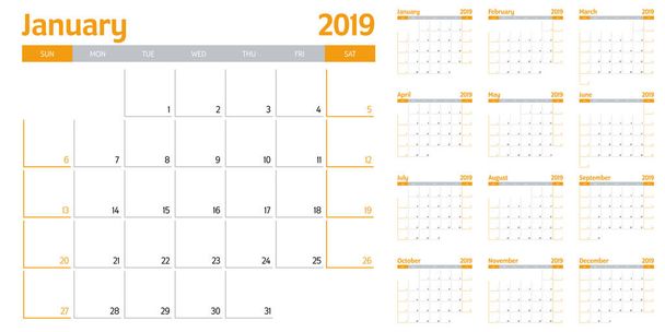 Planejador do calendário 2019 modelo de ilustração vetorial todos os 12 meses semana começa no domingo e indicar fins de semana no sábado e domingo
 - Vetor, Imagem