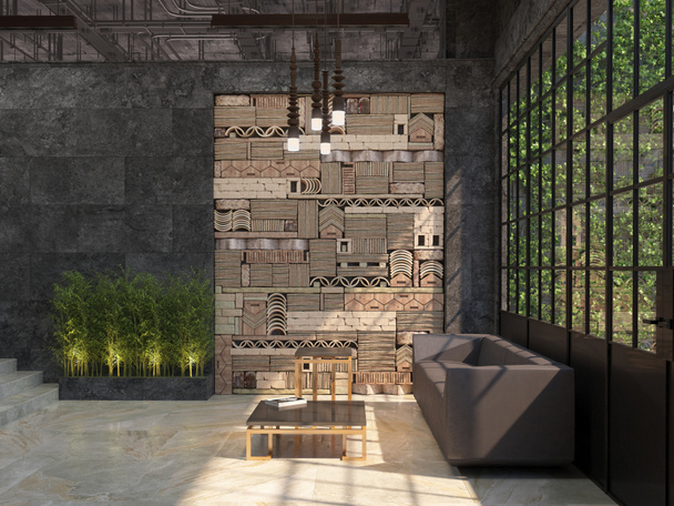 Design of an interior of an office hall with a corner for rest. Loft style. 3D visualization. - Photo, image