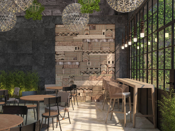 The interior design of the restaurant is loft style. Tables with chairs on the background of a black wall with a decorative 3D panel of stone blocks. 3D visualization. - Photo, Image
