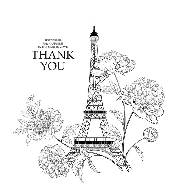 Esküvői meghívó kártya sablon. Eiffel torony simbol tavasszal virágzó virágok alatt fehér jel köszönöm. - Vektor, kép