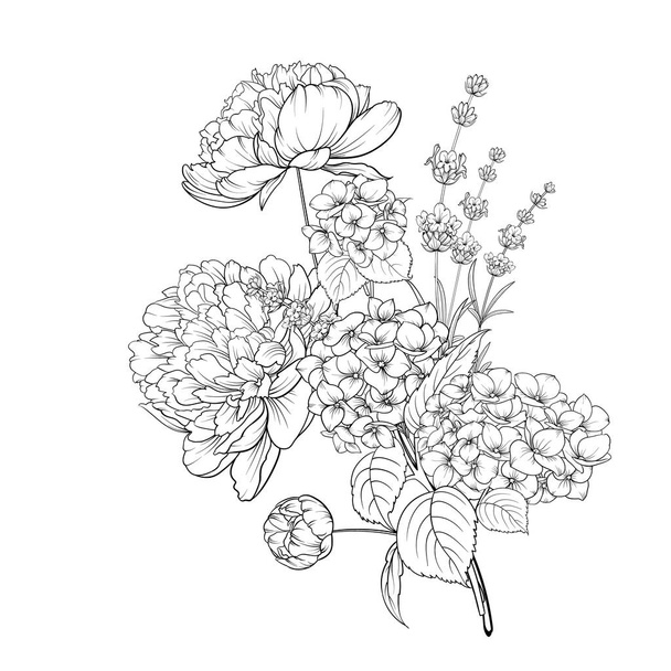 Jarní kytice barevné bud Garland. Popisek s květy hortenzie a levandule. - Vektor, obrázek