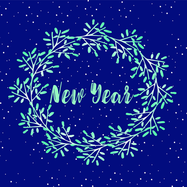Yeni yıl tebrik kartı - dal karlı mavi arka plan üzerinde Noel çelenk - Vektör, Görsel