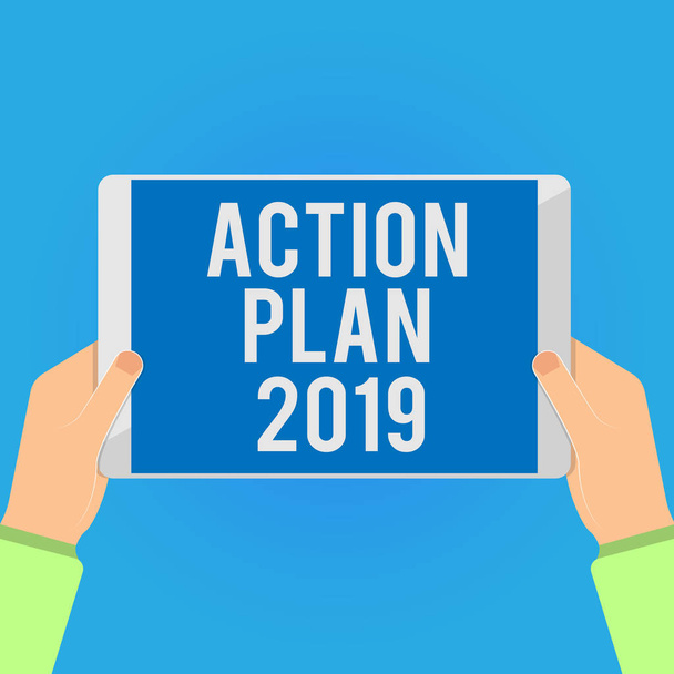 Írásbeli Megjegyzés mutatja a cselekvési terv 2019. Üzleti fénykép bemutatják a lista tartalmaz számos dolgot kell tenni jövő év - Fotó, kép
