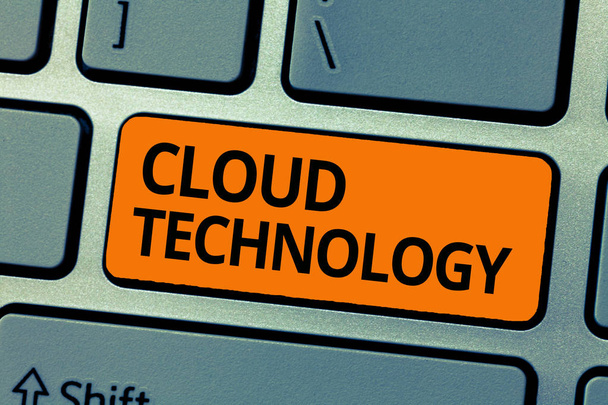 Λέξη που γράφει τεχνολογία Cloud. Επιχειρηματική έννοια για την αποθήκευση και την πρόσβαση σε δεδομένα και προγράμματα μέσω του Διαδικτύου - Φωτογραφία, εικόνα