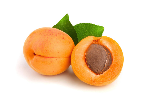 Apricot fruits with leaves isolated on white background macro - Photo, Image
