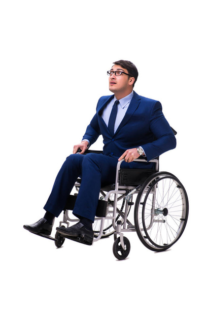Liikemies, jonka pyörätuoli on eristetty valkoisella pohjalla
 - Valokuva, kuva