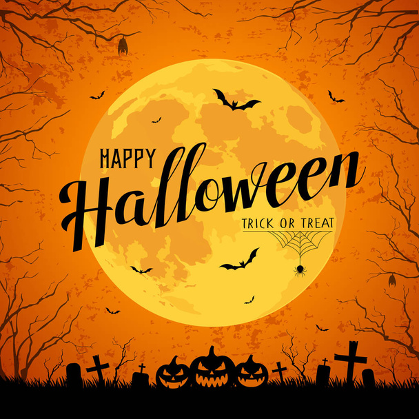 Buon Halloween messaggio giallo luna piena e pipistrello su albero con sfondo superficie ruvida, illustrazione vettoriale
 - Vettoriali, immagini