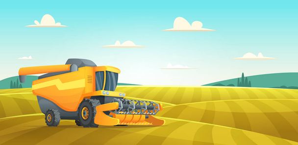 Сельский летний пейзаж с комбайном сельхозтехники сбора золотой спелых пшеничных полей
 - Вектор,изображение