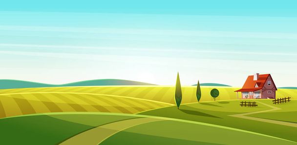 Venkovská krajina s domem vesnice na zelené louky a pole, žito - Vektor, obrázek