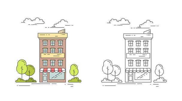 Ilustración vectorial de edificio de línea de ciudad con casa de apartamentos vintage de varios pisos con árboles y nubes en diseño de contorno colorido y negro aislado sobre fondo blanco
. - Vector, imagen