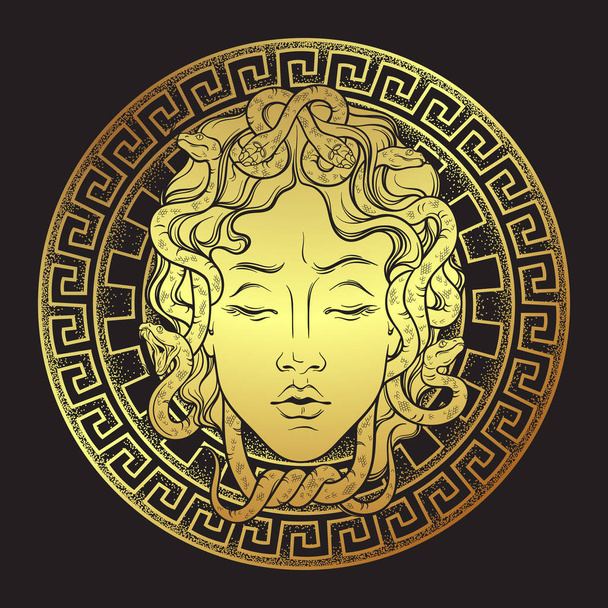 Medusa Gorgon cabeza dorada en un escudo dibujado a mano arte de línea y diseño de impresión de punto ilustración vectorial aislada. Gorgoneion es un amuleto protector
 - Vector, imagen
