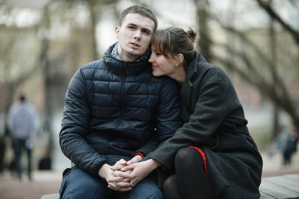 young love couple in winter park - Zdjęcie, obraz