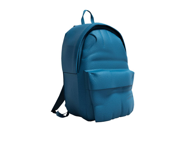 Nowoczesne skórzane niebieski plecak w szkole dla dzieci i młodzieży lewej widok 3d renderowania na białym tle bez cienia - Zdjęcie, obraz