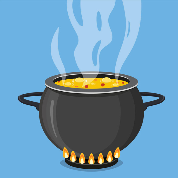 Кулинарный суп на сковороде. Горшок на плите с паром
 - Вектор,изображение