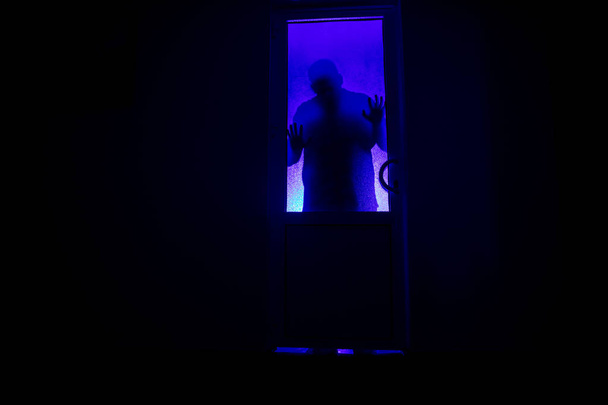 Silhouette of an unknown shadow figure on a door through a closed glass door. The silhouette of a human in front of a window at night. Scary scene halloween concept of blurred silhouette of maniac. - Fotografie, Obrázek