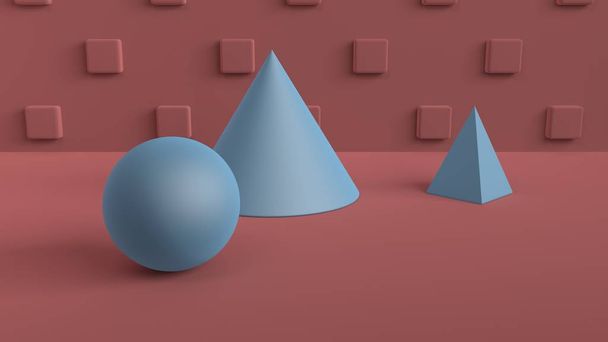 Scena astratta di forme geometriche. Palla, cono e piramide blu. Luce ambientale morbida in una scena 3D con uno sfondo di colore rosso-marrone e cubi a scacchiera sulla parete posteriore. rendering 3d
 - Foto, immagini