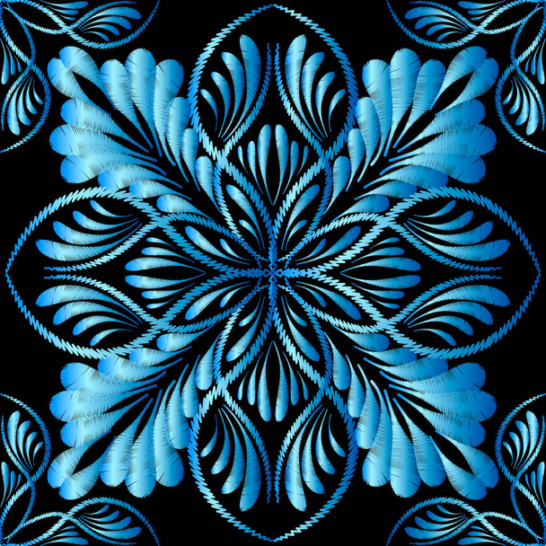 Ricamo blu floreale modello vettoriale senza cuciture. Arazzo ornamentale sfondo paisley. Ornamento ricamato in stile russo. Astratto grunge fiori paisley, foglie, vortici. Progettazione ornata strutturata
 - Vettoriali, immagini