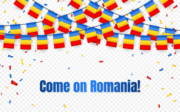 Bandera de guirnalda de Rumania con confeti sobre fondo transparente, pancarta de la plantilla de celebración, ilustración vectorial
. - Vector, Imagen
