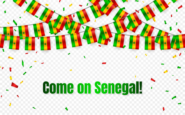 Сенегал гирлянда флаг с конфетти на прозрачном фоне, Повесить бантирование для баннера шаблон празднования, векторная иллюстрация
. - Вектор,изображение