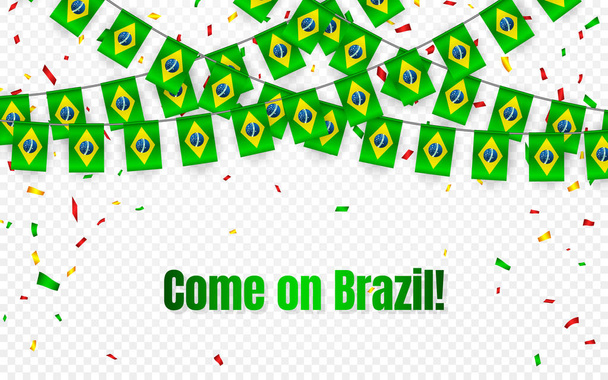 Brazil garland flag with confetti on transparent background, Hang bunting for celebration template banner, Vector illustration. - Vector, Image