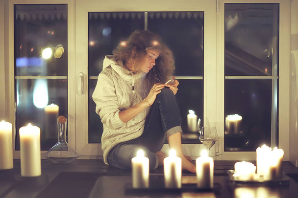 romantic woman with candles in cozy house - Zdjęcie, obraz