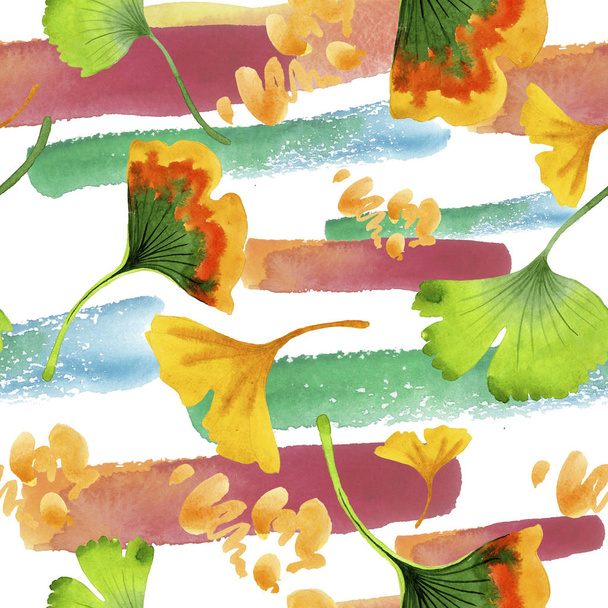Colorful leaves ginkgo. Leaf plant botanical garden floral foliage. Seamless background pattern. Fabric wallpaper print texture. Aquarelle leaf for background, texture, wrapper pattern. - Photo, image