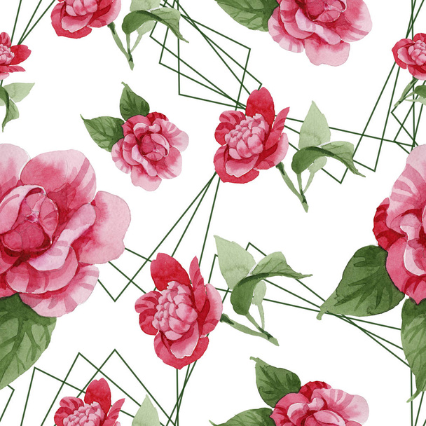 Akvarelu růžové camellia lezeckou květina. Květinové botanické květin. Vzor bezešvé pozadí. Fabric tapety tisku texturu. Aquarelle wildflower pro pozadí, textura, souhrnný vzorek, hranice. - Fotografie, Obrázek
