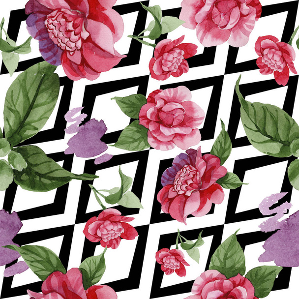 Watercolor pink camellia climbing flower. Floral botanical flower. Seamless background pattern. Fabric wallpaper print texture. Aquarelle wildflower for background, texture, wrapper pattern, border. - Foto, Imagen