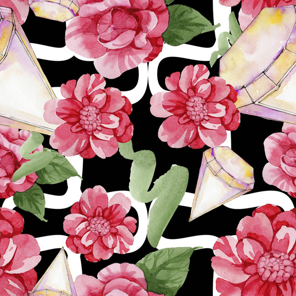 Watercolor pink camellia climbing flower. Floral botanical flower. Seamless background pattern. Fabric wallpaper print texture. Aquarelle wildflower for background, texture, wrapper pattern, border. - Фото, изображение