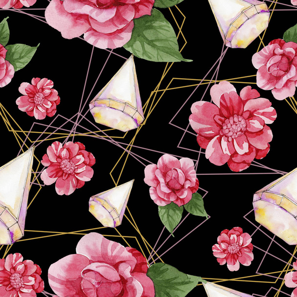 Aquarel roze camellia klimmen bloem. Floral botanische bloem. Naadloze achtergrondpatroon. Structuur behang print textuur. Aquarelle wildflower voor textuur, wrapper patroon, achtergrond, grens. - Foto, afbeelding