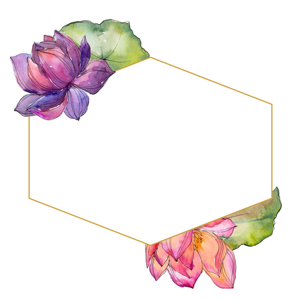 Watercolor colorful lotus flower. Floral botanical flower. Frame border ornament square. Aquarelle wildflower for background, texture, wrapper pattern, frame or border. - Foto, imagen