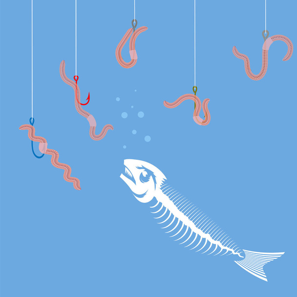 White Fish Bone Skeleton. Set of Colored Fishing Hooks and Red Worms. - Vetor, Imagem