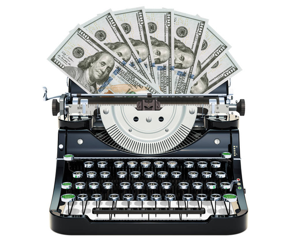 Typewriter printing dollars, make money concept. 3D rendering isolated on white background - Foto, afbeelding