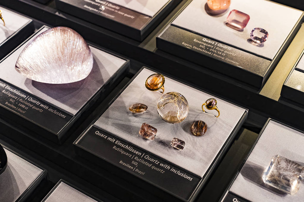 3 SEPTEMBER 2018, VIENNA, AUSTRIA: Exposition of precious and semiprecious stones processed and not processed in the Museum of Natural History, Vienna. - Photo, Image