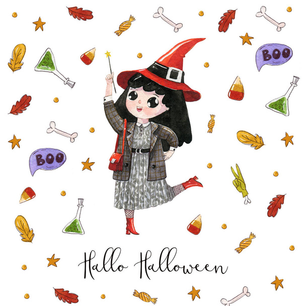 Akwarela ilustracji halloween czarownica moda nosić w sukience i szary płaszcz na białym tle z elementami halloween. Happy Halloween pocztówka. - Zdjęcie, obraz