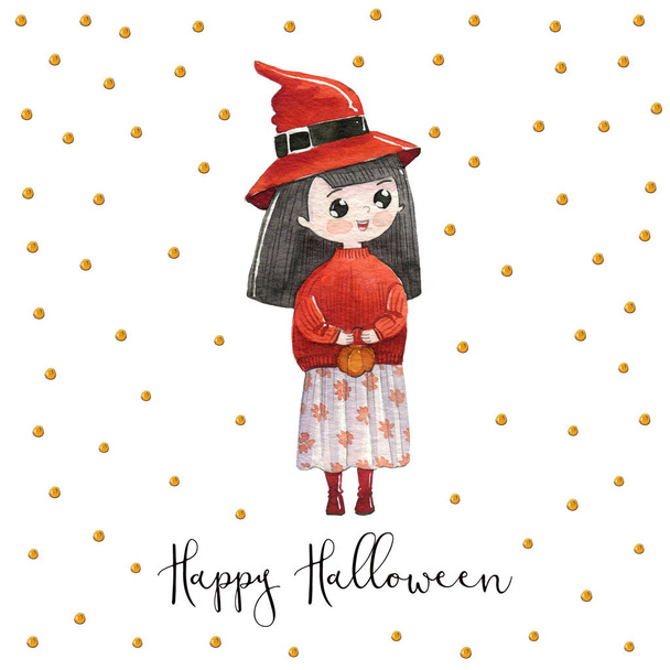Akwarela ilustracji halloween czarownica moda nosić w czerwonym swetrze i kapelusz na białym tle z gwiazdami. Happy Halloween pocztówka. - Zdjęcie, obraz