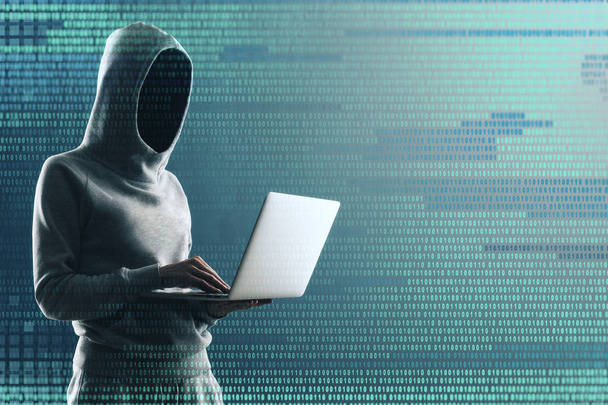 Hacker using laptop with digital interface on blurry interior background. Malware and computing concept. Double exposure  - Photo, Image