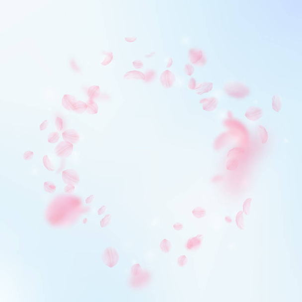 Pétalos Sakura cayendo. Romántica viñeta de flores rosadas. Pétalos voladores en el cielo azul backgro cuadrado
 - Vector, imagen