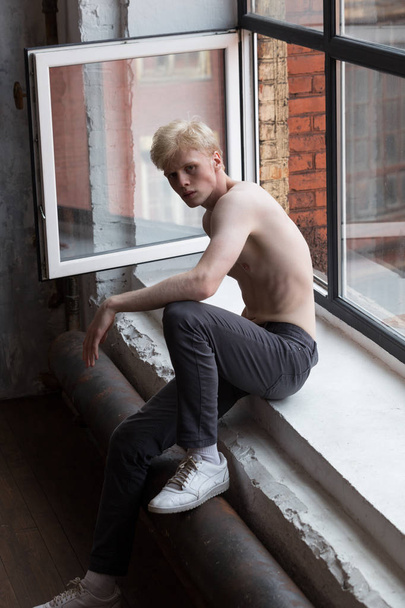 Shirtless young and handsome blond male model with blue eyes at the windows in a large loft apartment - Zdjęcie, obraz