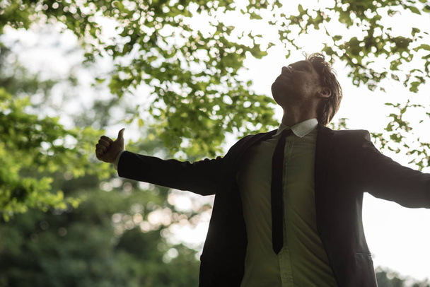 Young peaceful businessman standing in spring forest looking upwards towards the sky with his arms open wide and thumbs up. - Photo, Image